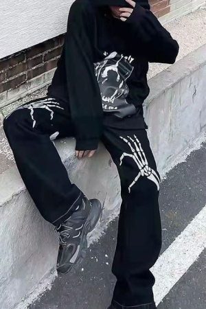 Casual Day Outfits, Easy Trendy Outfits Skeleton Hands Embroidery Jeans
