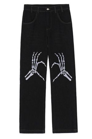 Casual Day Outfits, Easy Trendy Outfits Skeleton Hands Embroidery Jeans