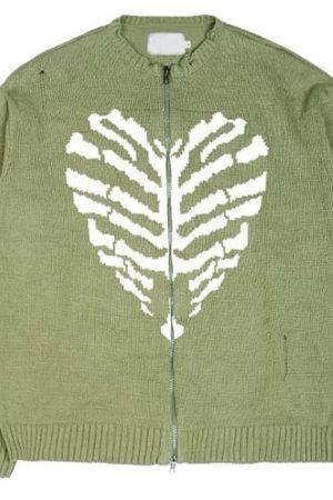 Casual Day Outfits, Easy Trendy Outfits Skeleton Print Zip Up Sweater