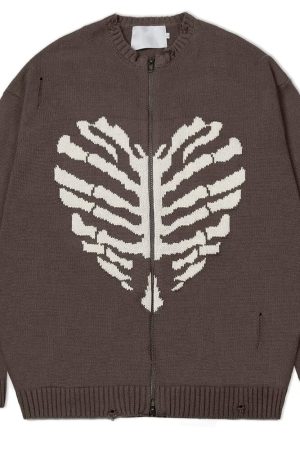 Casual Day Outfits, Easy Trendy Outfits Skeleton Print Zip Up Sweater