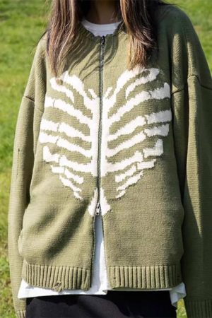 Casual Day Outfits, Easy Trendy Outfits Skeleton Print Zip Up Sweater