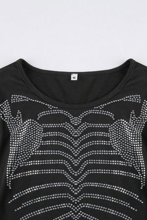 Casual Day Outfits, Easy Trendy Outfits Skeleton Rhinestone Crop Top