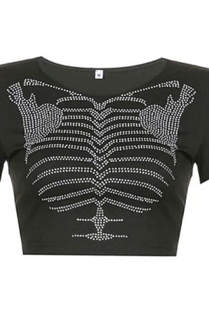 Casual Day Outfits, Easy Trendy Outfits Skeleton Rhinestone Crop Top