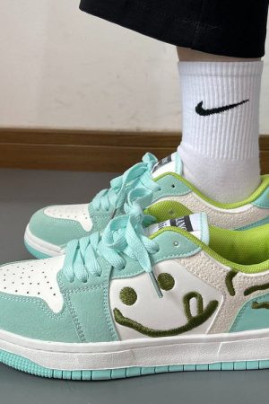 Casual Day Outfits, Easy Trendy Outfits Smiling Face Embroidery Mint Green Sneakers