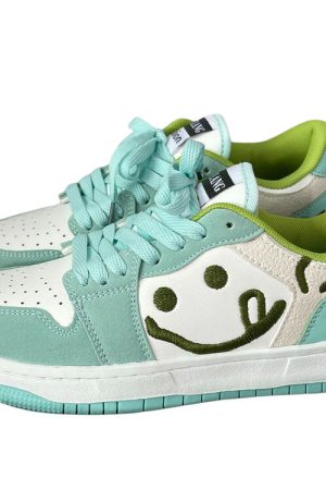 Casual Day Outfits, Easy Trendy Outfits Smiling Face Embroidery Mint Green Sneakers