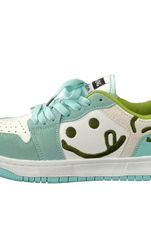 Casual Day Outfits, Easy Trendy Outfits Smiling Face Embroidery Mint Green Sneakers