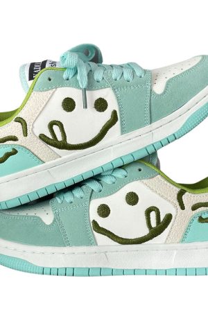 Casual Day Outfits, Easy Trendy Outfits Smiling Face Embroidery Mint Green Sneakers