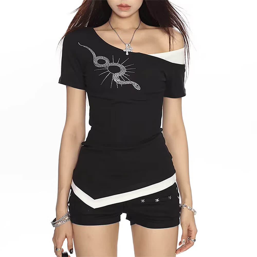 Casual Day Outfits, Easy Trendy Outfits Snake Star Rhinestone Off-Shoulder Top Casual Day Outfits, Easy Trendy Outfits Snake Star Rhinestone Off-Shoulder Top