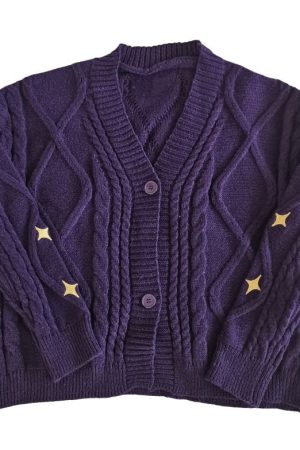 Casual Day Outfits, Easy Trendy Outfits Star Embroidery Purple Cardigan