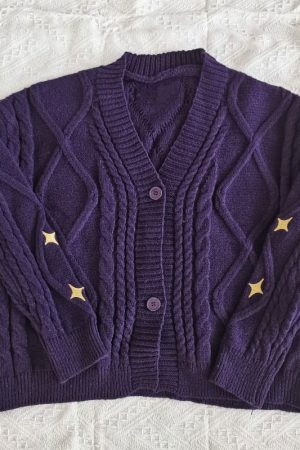 Casual Day Outfits, Easy Trendy Outfits Star Embroidery Purple Cardigan