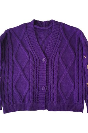 Casual Day Outfits, Easy Trendy Outfits Star Embroidery Purple Cardigan