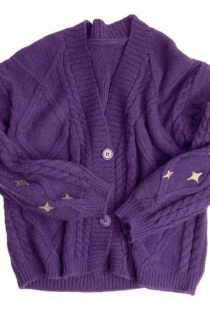 Casual Day Outfits, Easy Trendy Outfits Star Embroidery Purple Cardigan