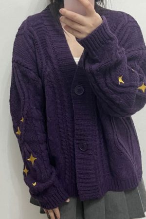 Casual Day Outfits, Easy Trendy Outfits Star Embroidery Purple Cardigan