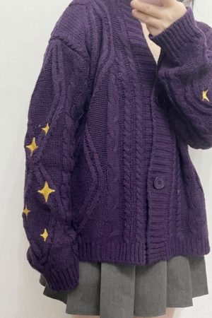 Casual Day Outfits, Easy Trendy Outfits Star Embroidery Purple Cardigan