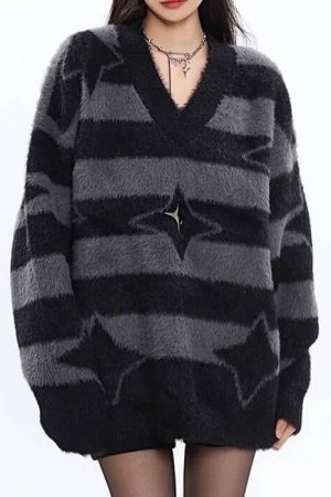 Casual Day Outfits, Easy Trendy Outfits Star Girl Fuzzy Striped Sweater