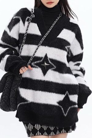 Casual Day Outfits, Easy Trendy Outfits Star Girl Fuzzy Striped Sweater