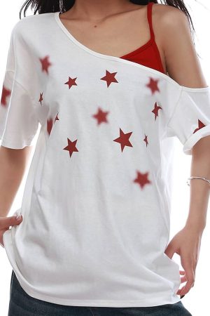 Casual Day Outfits, Easy Trendy Outfits Star Girl Off Shoulder Graphic Tee