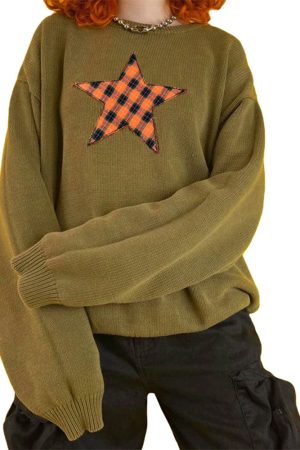 Casual Day Outfits, Easy Trendy Outfits Star Patch Aesthetic Knit Pullover