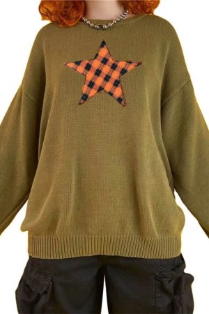Casual Day Outfits, Easy Trendy Outfits Star Patch Aesthetic Knit Pullover