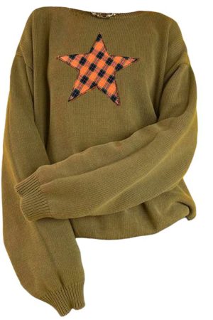 Casual Day Outfits, Easy Trendy Outfits Star Patch Aesthetic Knit Pullover