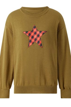 Casual Day Outfits, Easy Trendy Outfits Star Patch Aesthetic Knit Pullover