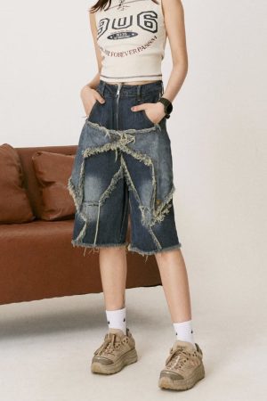 Casual Day Outfits, Easy Trendy Outfits Star Patch High-Waisted Denim Shorts