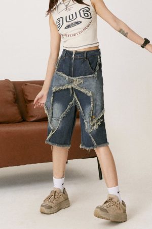 Casual Day Outfits, Easy Trendy Outfits Star Patch High-Waisted Denim Shorts