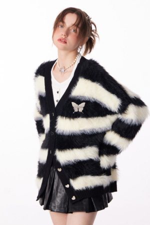 Casual Day Outfits, Easy Trendy Outfits Striped Fuzzy Butterfly Cardigan