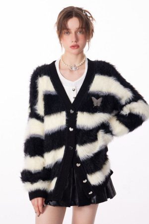 Casual Day Outfits, Easy Trendy Outfits Striped Fuzzy Butterfly Cardigan