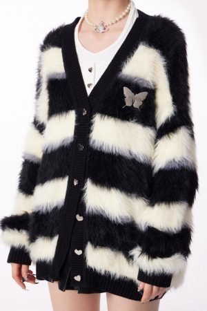 Casual Day Outfits, Easy Trendy Outfits Striped Fuzzy Butterfly Cardigan