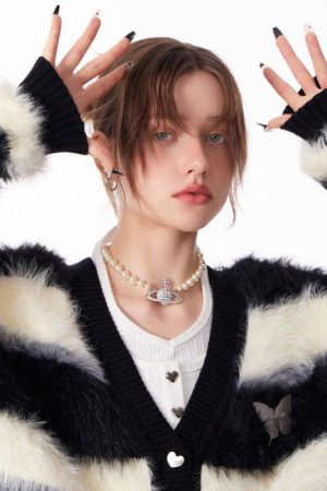 Casual Day Outfits, Easy Trendy Outfits Striped Fuzzy Butterfly Cardigan