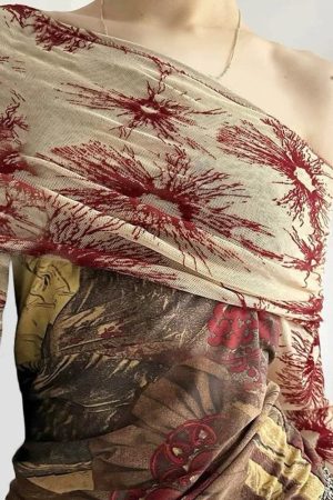 Casual Day Outfits, Easy Trendy Outfits Sun Print Mesh Off-Shoulder Top