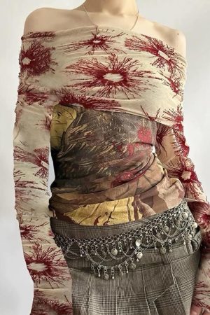Casual Day Outfits, Easy Trendy Outfits Sun Print Mesh Off-Shoulder Top