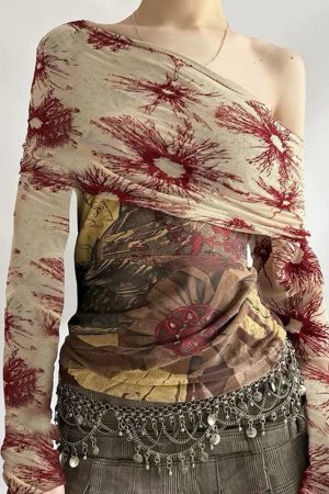 Casual Day Outfits, Easy Trendy Outfits Sun Print Mesh Off-Shoulder Top