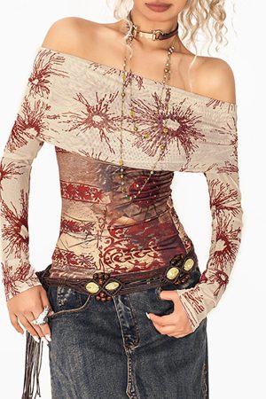 Casual Day Outfits, Easy Trendy Outfits Sun Print Mesh Off-Shoulder Top