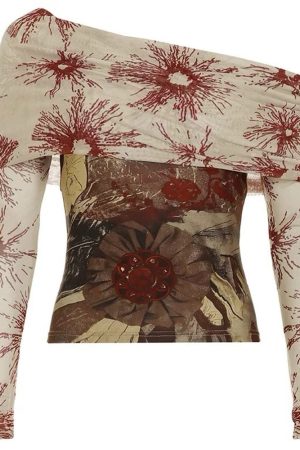 Casual Day Outfits, Easy Trendy Outfits Sun Print Mesh Off-Shoulder Top