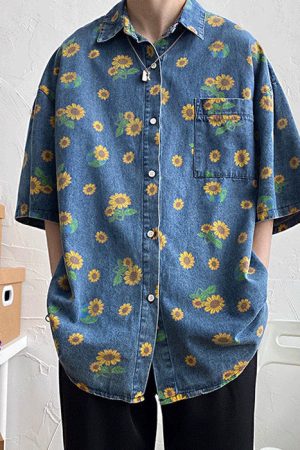 Casual Day Outfits, Easy Trendy Outfits Sunflowers Denim Shirt