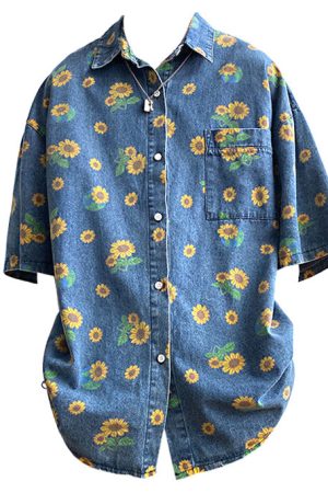 Casual Day Outfits, Easy Trendy Outfits Sunflowers Denim Shirt