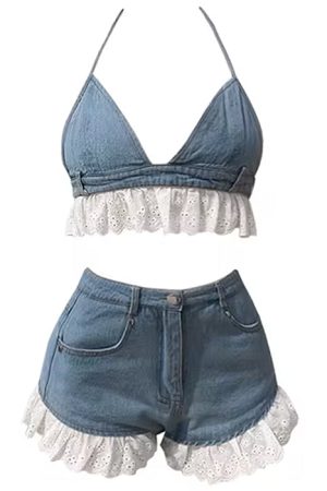 Casual Day Outfits, Easy Trendy Outfits Sweet Ruffle Top & Denim Shorts Co-Ord
