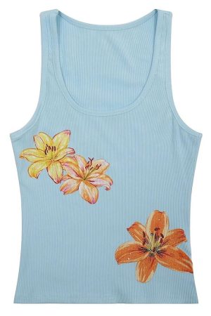 Casual Day Outfits, Easy Trendy Outfits Tropical Flowers Coconut Girl Aesthetic Tank
