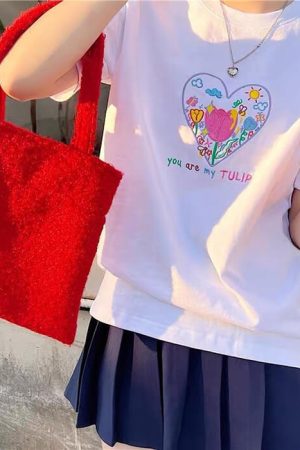 Casual Day Outfits, Easy Trendy Outfits Tulip Embroidery Aesthetic T-Shirt