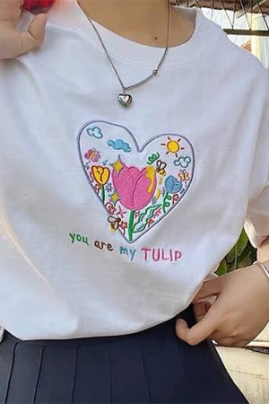 Casual Day Outfits, Easy Trendy Outfits Tulip Embroidery Aesthetic T-Shirt