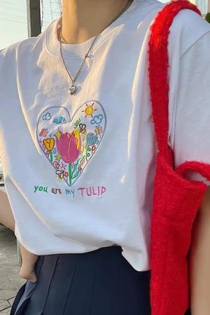 Casual Day Outfits, Easy Trendy Outfits Tulip Embroidery Aesthetic T-Shirt