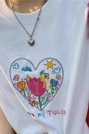 Casual Day Outfits, Easy Trendy Outfits Tulip Embroidery Aesthetic T-Shirt