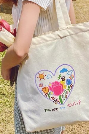 Casual Day Outfits, Easy Trendy Outfits Tulip Embroidery Aesthetic Tote Bag
