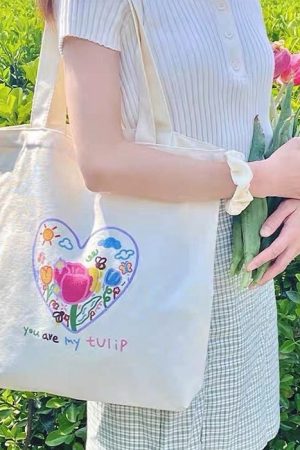 Casual Day Outfits, Easy Trendy Outfits Tulip Embroidery Aesthetic Tote Bag