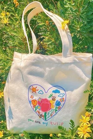 Casual Day Outfits, Easy Trendy Outfits Tulip Embroidery Aesthetic Tote Bag