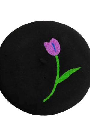 Casual Day Outfits, Easy Trendy Outfits Tulip Embroidery Wool Beret