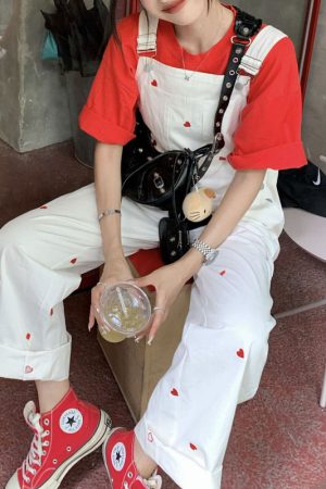 Casual Day Outfits, Easy Trendy Outfits Vintage Red Hearts Jumpsuit