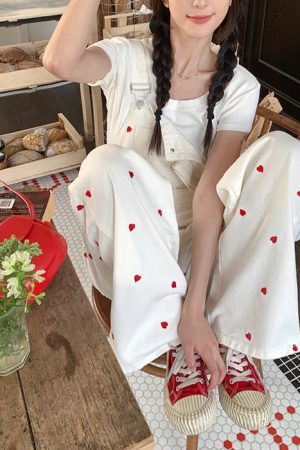 Casual Day Outfits, Easy Trendy Outfits Vintage Red Hearts Jumpsuit